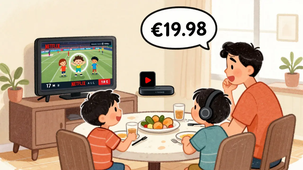 A family dinner scene with kids safely watching Netflix while a parent streams live NFL on Prime Video, highlighting safety vs. chaos.