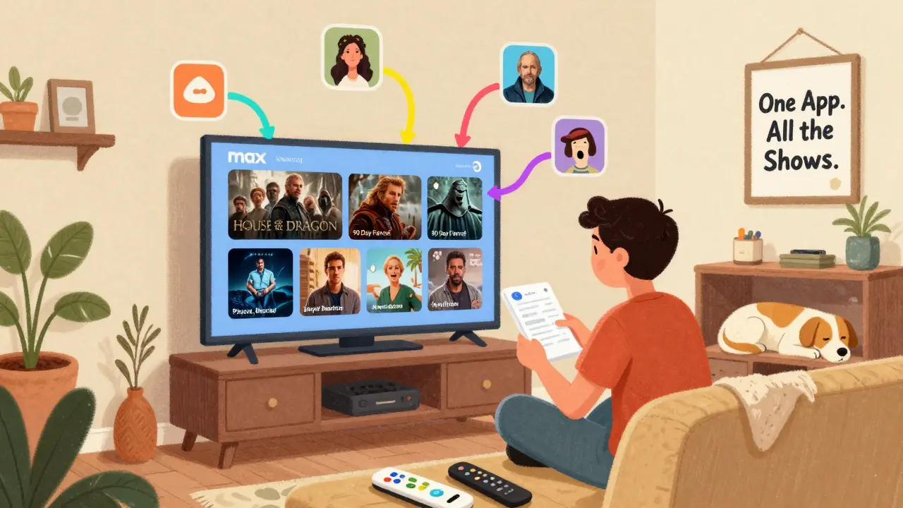 A family watching Max on TV, surrounded by floating icons of shows like Duck Dynasty and Game of Thrones.