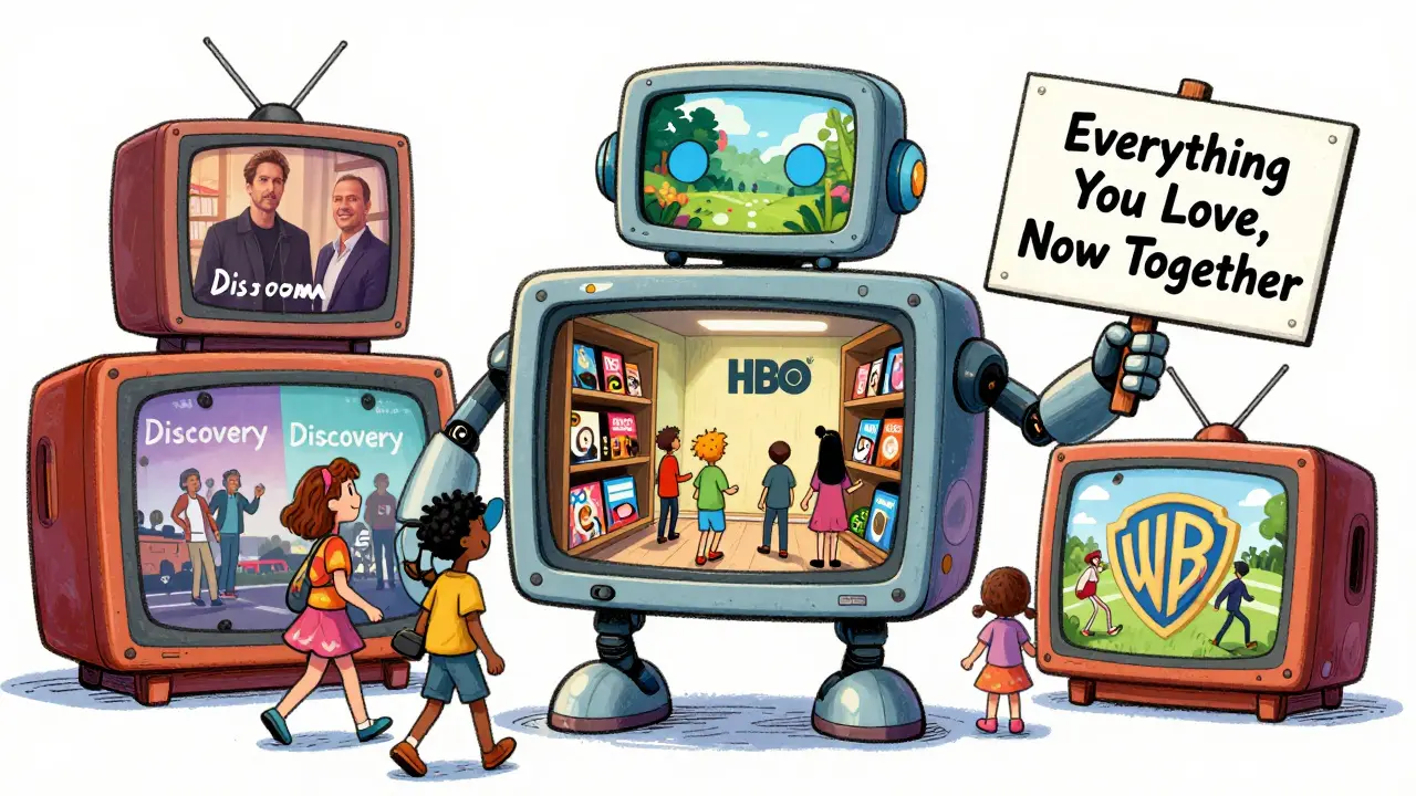 A friendly robot made of TV screens displaying different genres, welcoming viewers into its content world.
