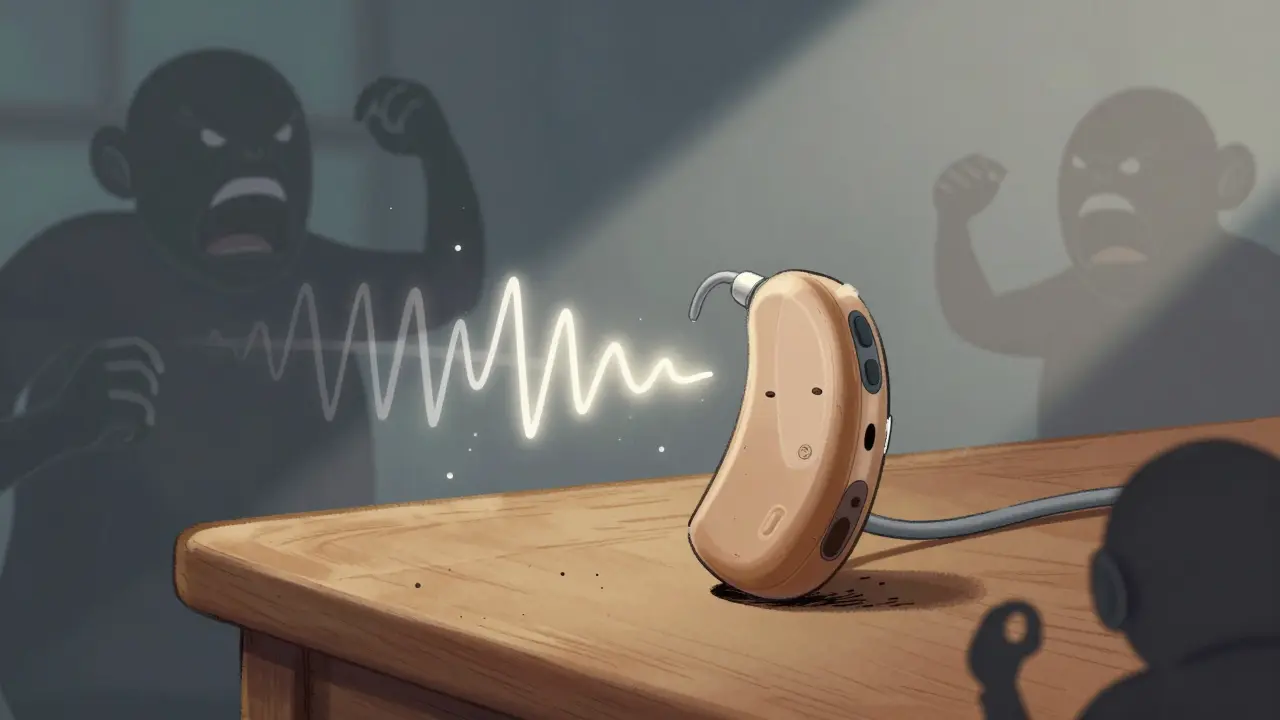 A hearing aid emits a glowing feedback wave that repels monstrous figures, turning vulnerability into power.