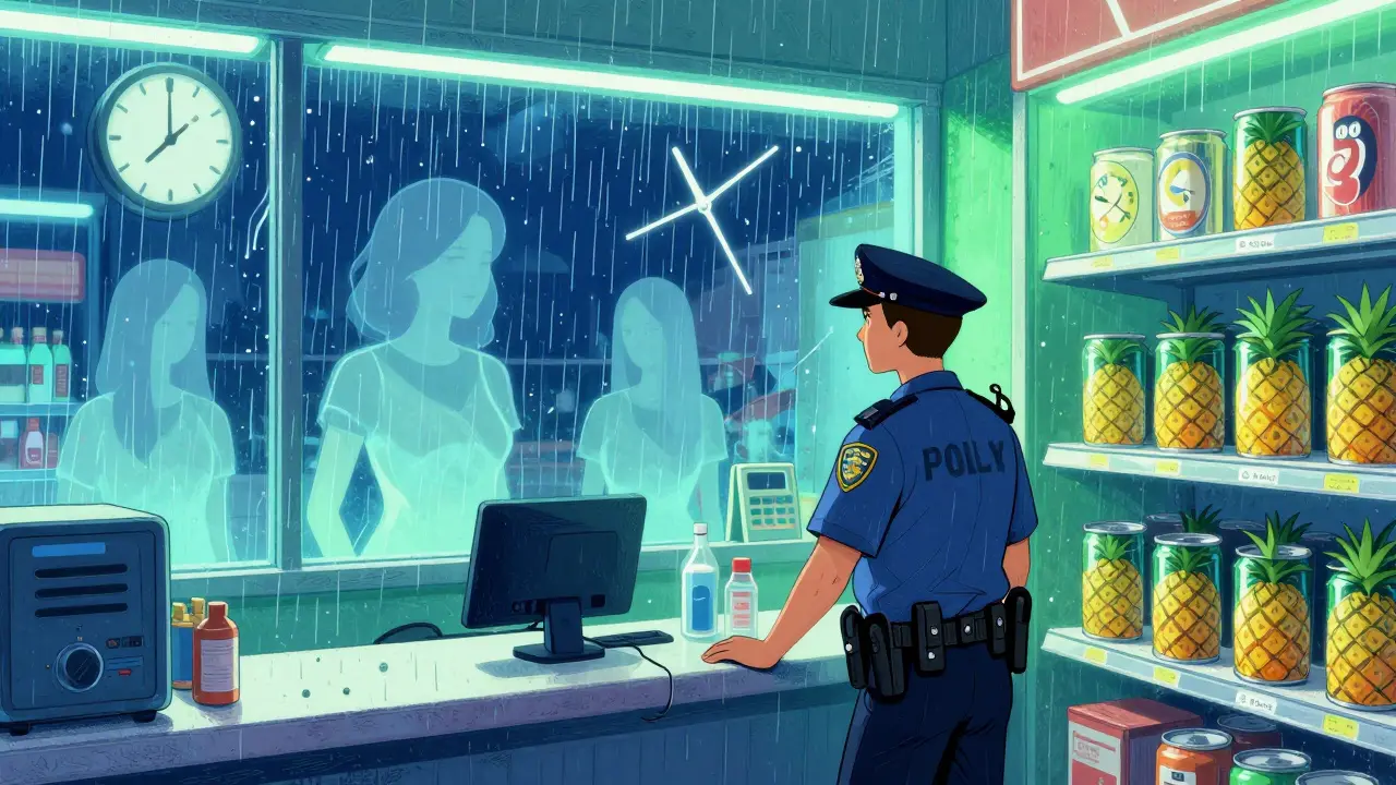 A lonely officer stares at a can of pineapple in a glowing blue-green convenience store, surrounded by ghostly memories.
