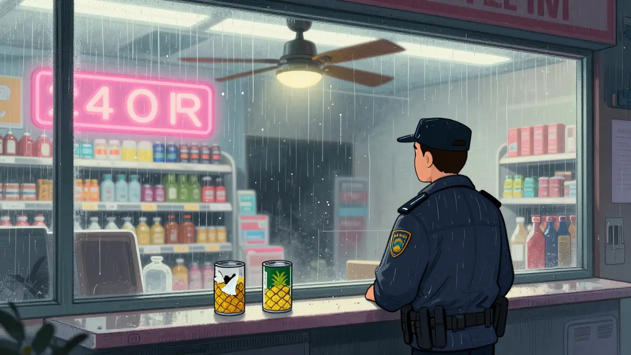 A lonely policeman stares at a can of expired pineapple in a neon-lit convenience store at night.
