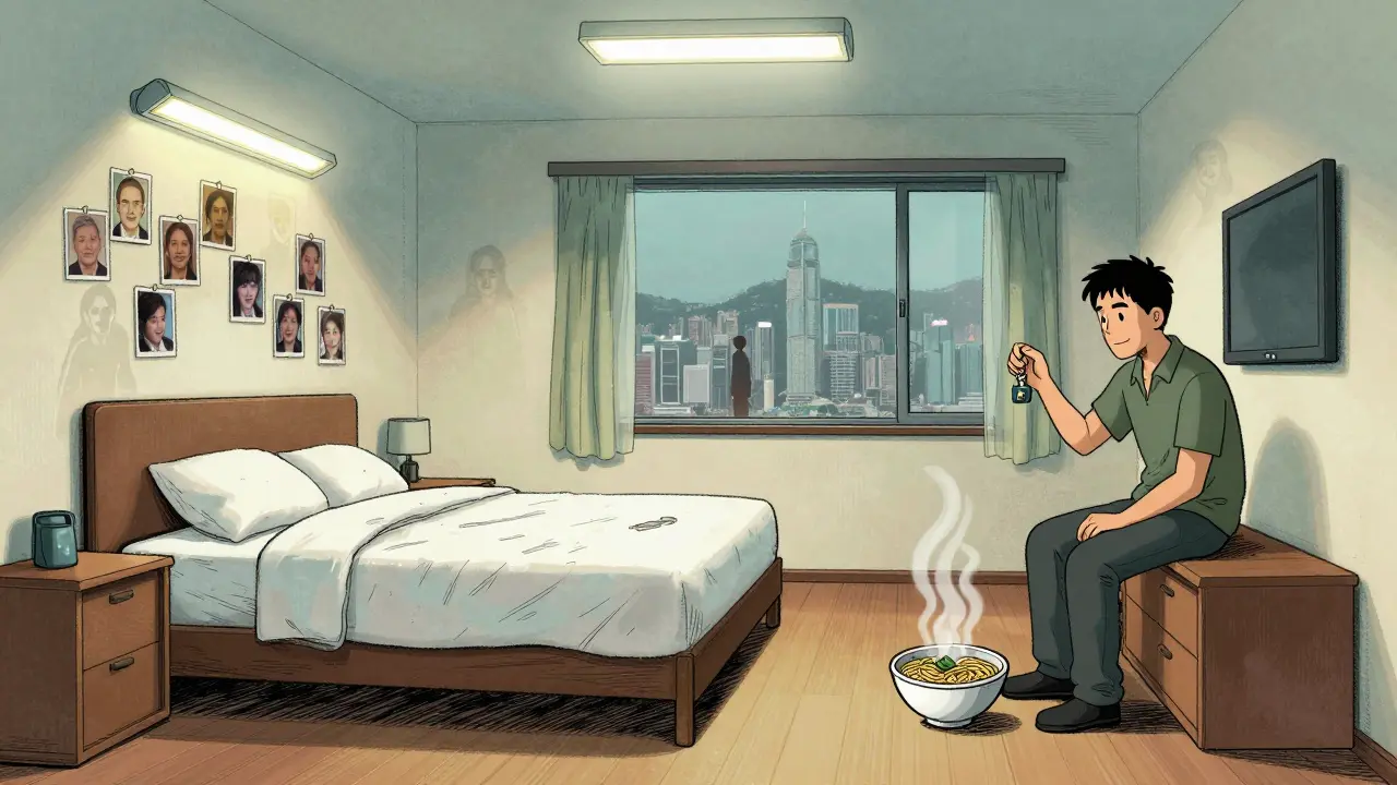 A man sits alone in a dim hotel room, holding a key that opens nothing, surrounded by fading memories.