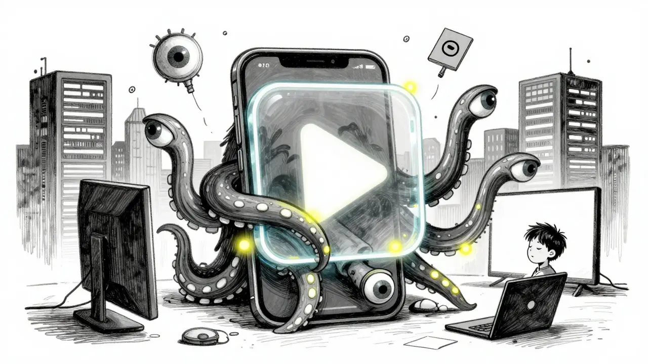 A streaming app monster with surveillance tentacles wrapping around devices while a person sleeps.