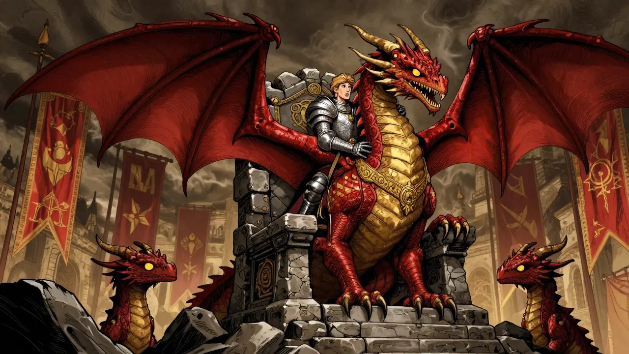 A Targaryen dragon perches on a stone throne, rider gripping its neck amid swirling political banners.