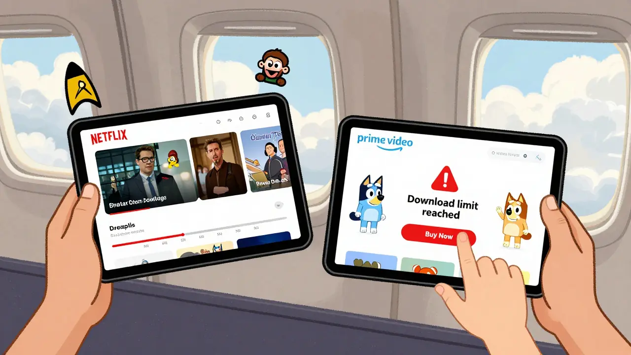 A traveler with two devices: Netflix syncing progress smoothly, Prime Video showing download limits and a child near a purchase button.