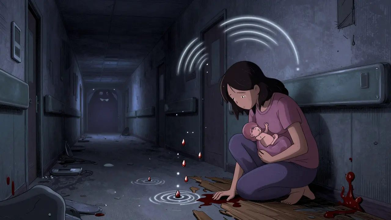 A woman gives birth in silence, blood droplets creating visible sound ripples as a monster listens nearby.