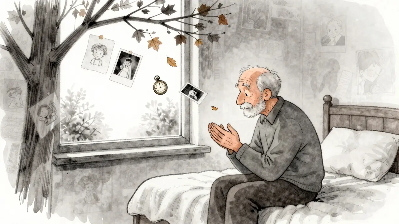 An elderly man staring at his hands as leaves fall into fragments of lost memories, symbolizing identity erosion.