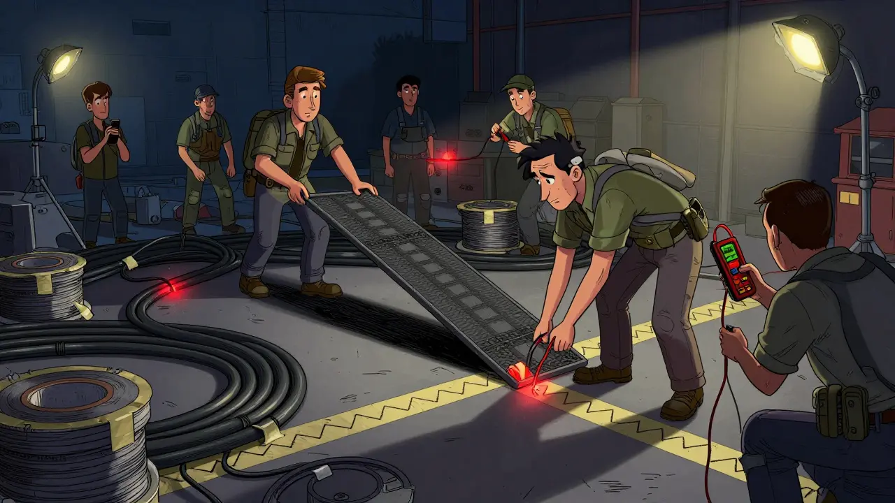 Cables are safely taped across a floor with gaffer tape and ramps, while a crew member tests for overheating.