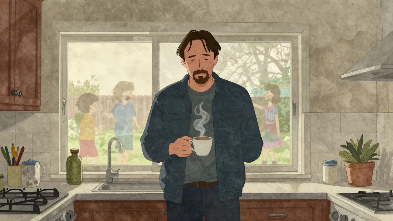 Casey Affleck as Lee Chandler in kitchen, holding coffee, ghostly images of children fading behind him.