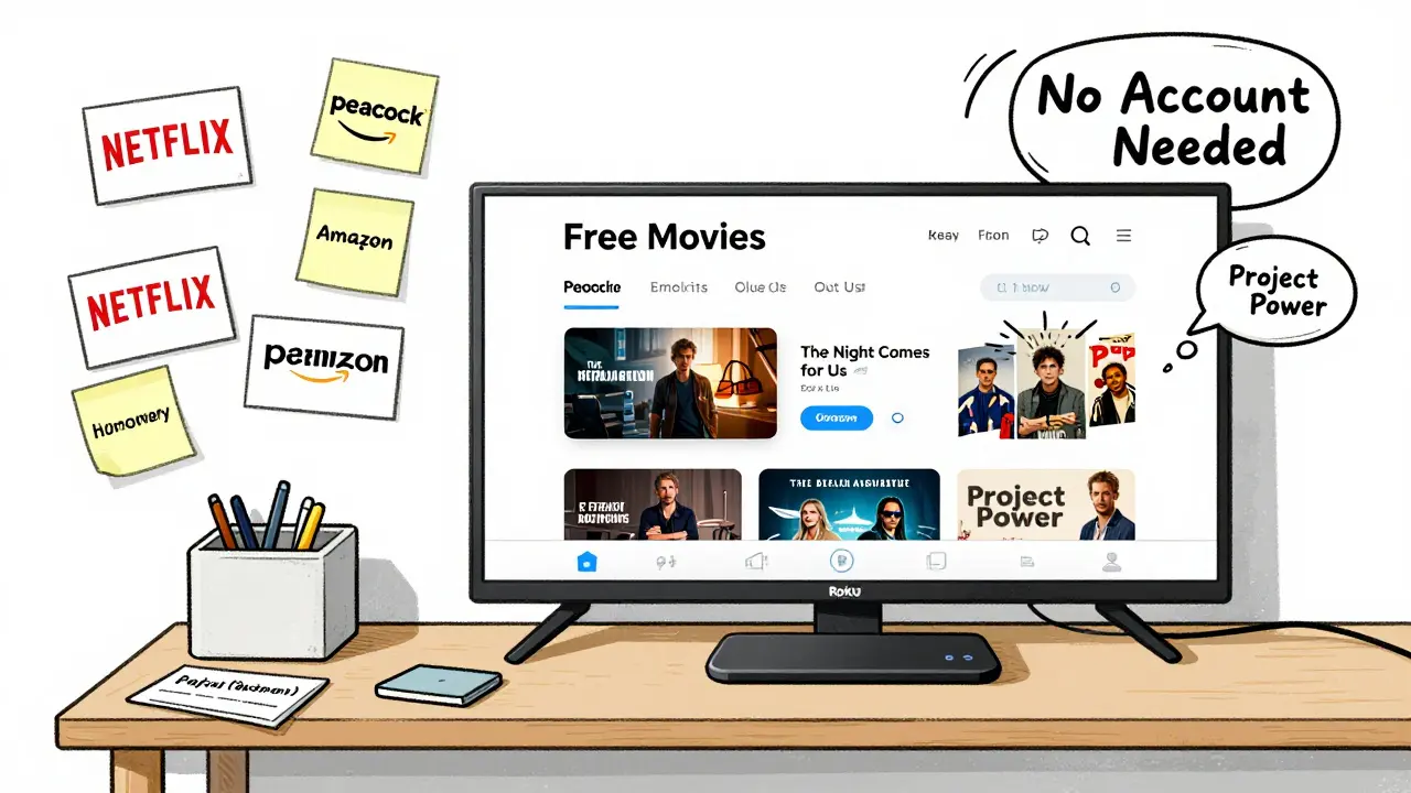 Comparison of chaotic streaming services versus clean Roku interface with free movie titles floating nearby.