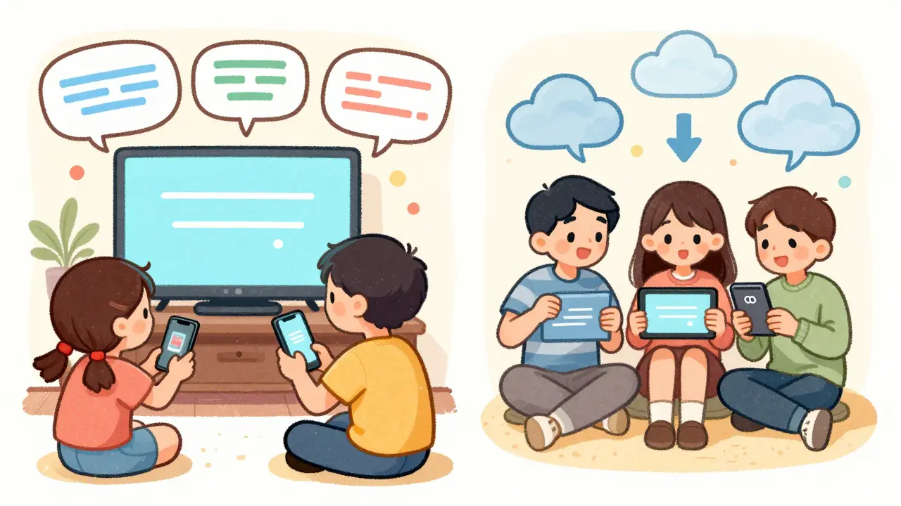 Family arguing over streaming limits on left, same family downloading shows offline on right for conflict-free viewing.