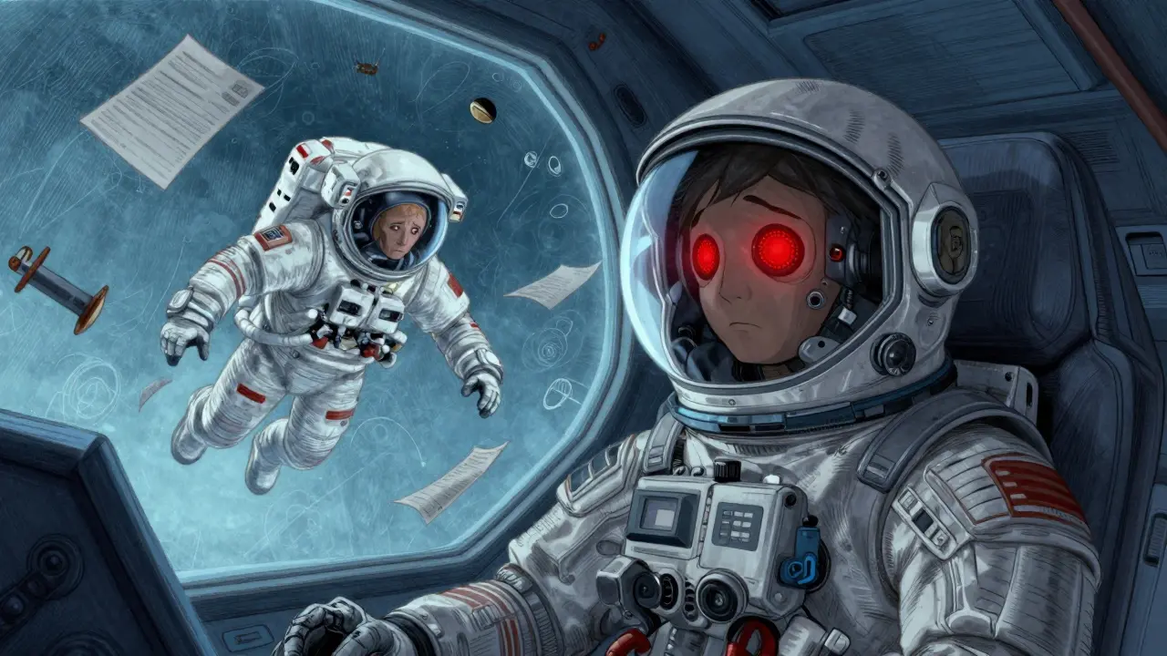 HAL 9000's red eye reflects in an astronaut's helmet inside a silent spaceship cockpit.