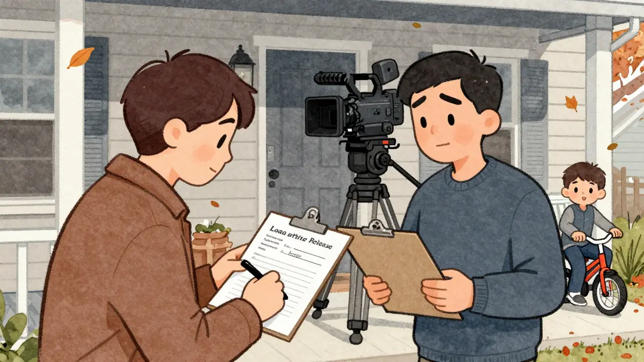 Homeowner signing release form on front porch as crew watches