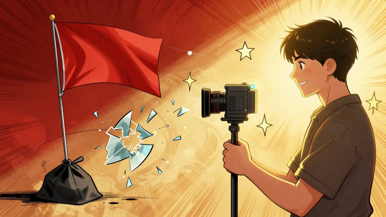 Left: a C-stand tips without a sandbag, damaging a camera. Right: the same stand is safe, casting perfect light.