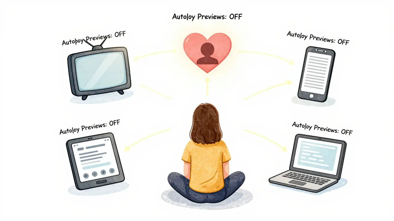 Multiple devices connected to a central profile icon, all displaying 'Autoplay Previews: OFF' in a peaceful digital environment.