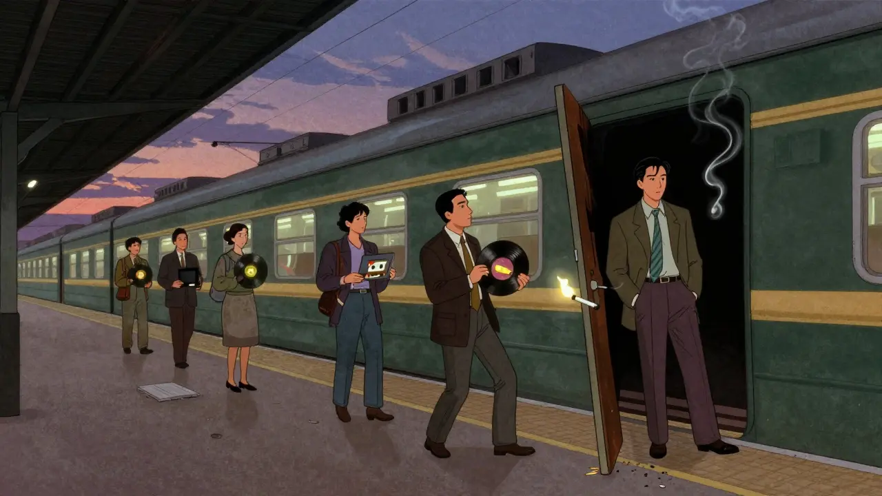 Overlapping figures from different decades drift through a distorted train station, with a glowing cigarette and looping music notes.