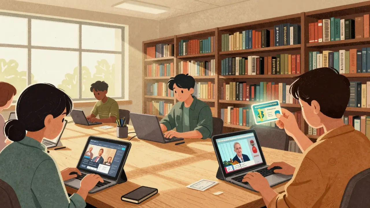 People streaming documentaries in a library, glowing library card in hand, books and films on shelves.