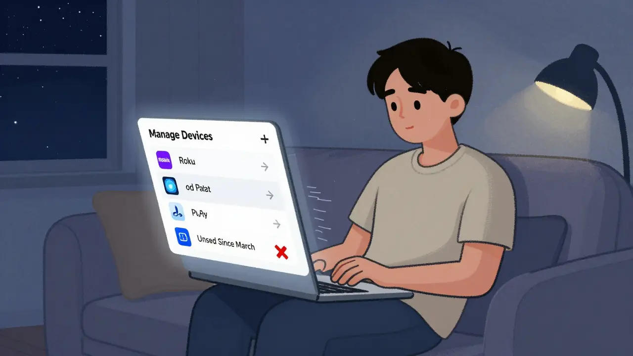 Person managing Paramount+ account on laptop, viewing list of logged-in devices with one marked for sign-out.