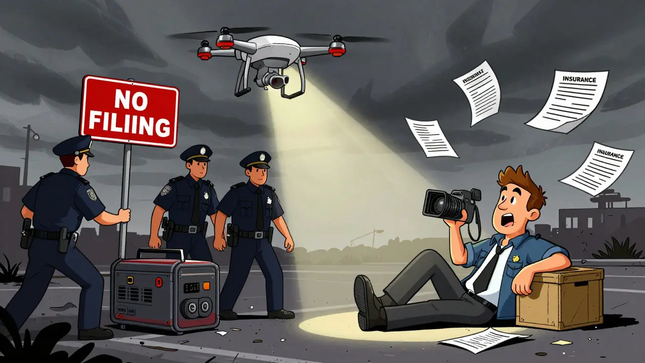Shut-down film set with police turning off equipment and drone overhead