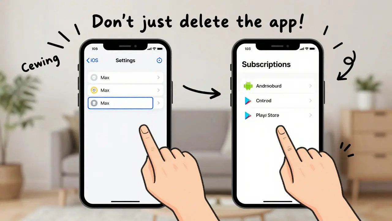 Smartphone screen showing iOS and Android subscription menus with cancel instructions.
