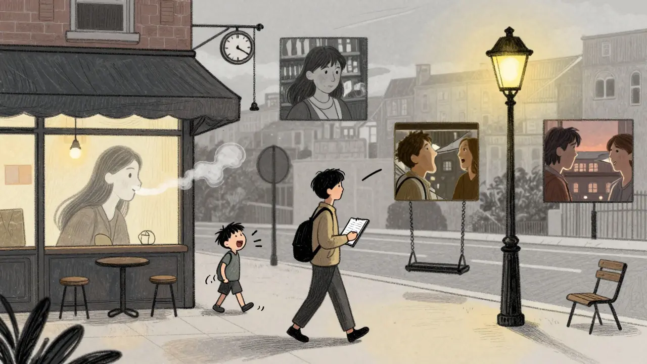 Someone walking through a city noticing cinematic details in everyday scenes like steam and streetlights.