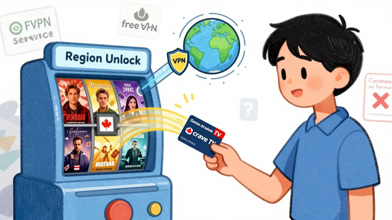 Student redeeming gift card to unlock international shows via VPN tunnel to a global map.