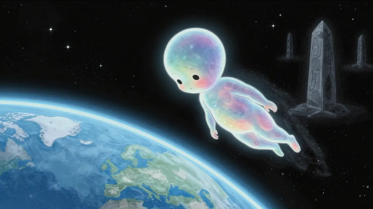 The Star Child floats above Earth, gazing down as the monolith fades into the stars.