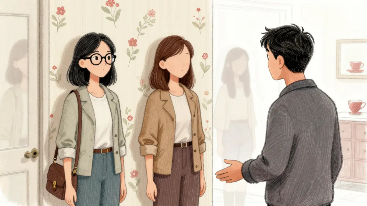 Three similar women in a hallway with shifting wallpaper, representing unreliable identities in dementia.