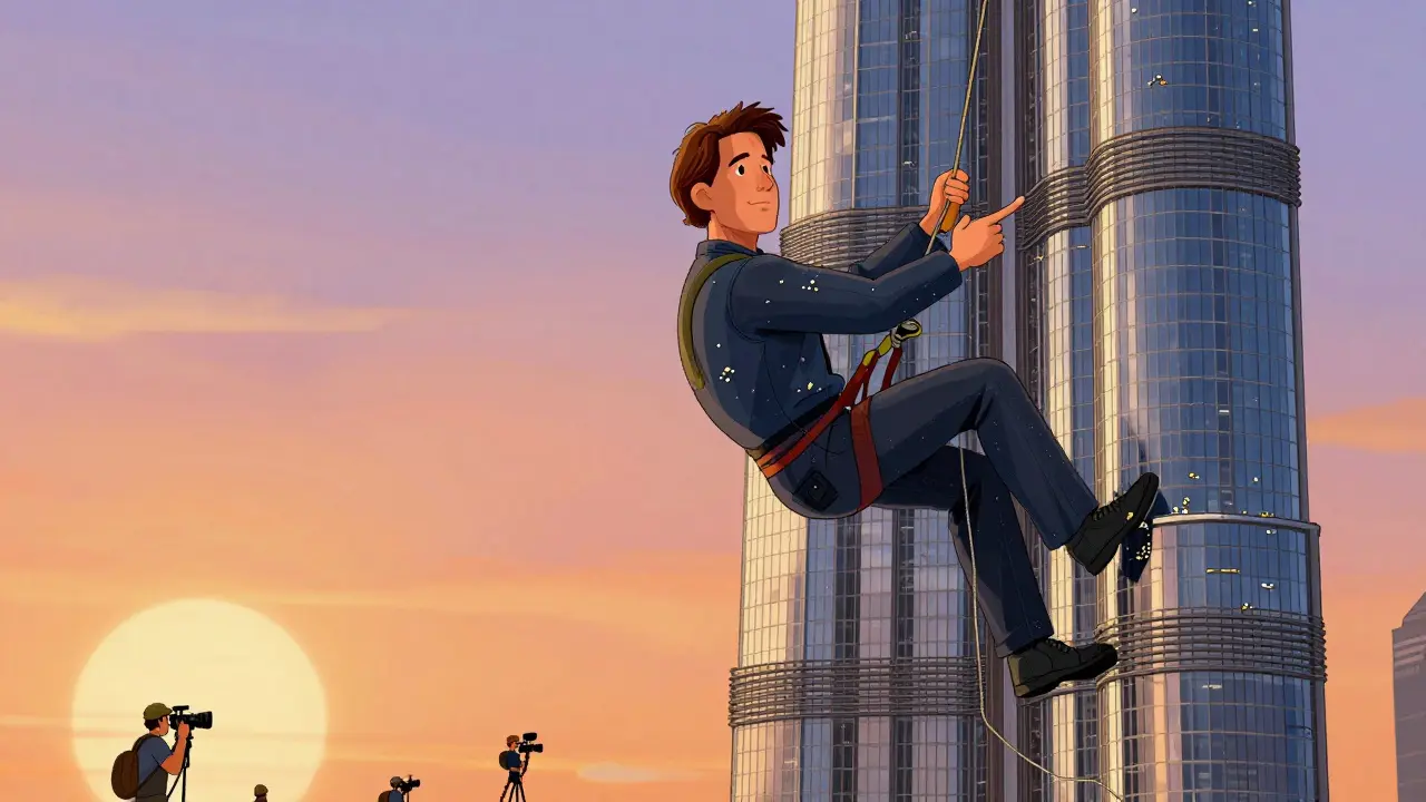 Tom Cruise climbing the Burj Khalifa with only grip pads, tiny crew below, sunrise lighting.