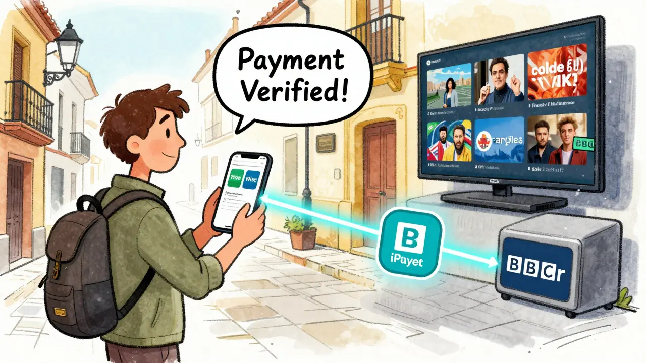 Traveler using digital wallet to access UK streaming service with virtual address connection.