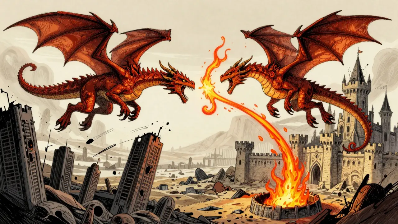 Two dragons from different worlds face off mid-air over a split landscape of wasteland and castle ruins.