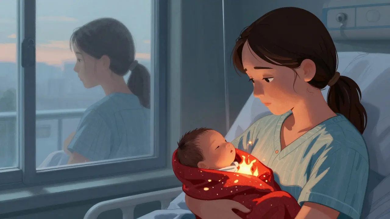 Two women in a hospital room, one holding a red-blanketed baby, the other looking out a cold blue window in quiet emotional contrast.