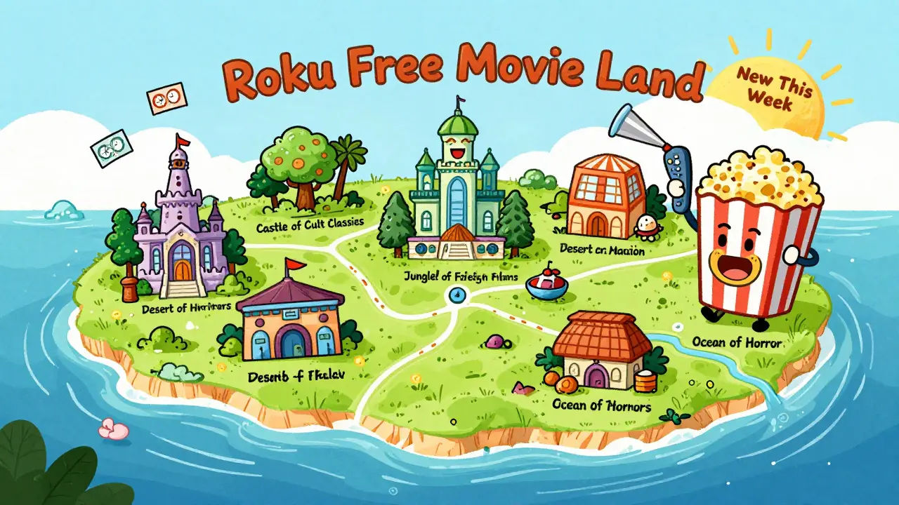 Whimsical map of Roku Free Movie Land with themed regions and a viewer using a popcorn remote to skip ads.