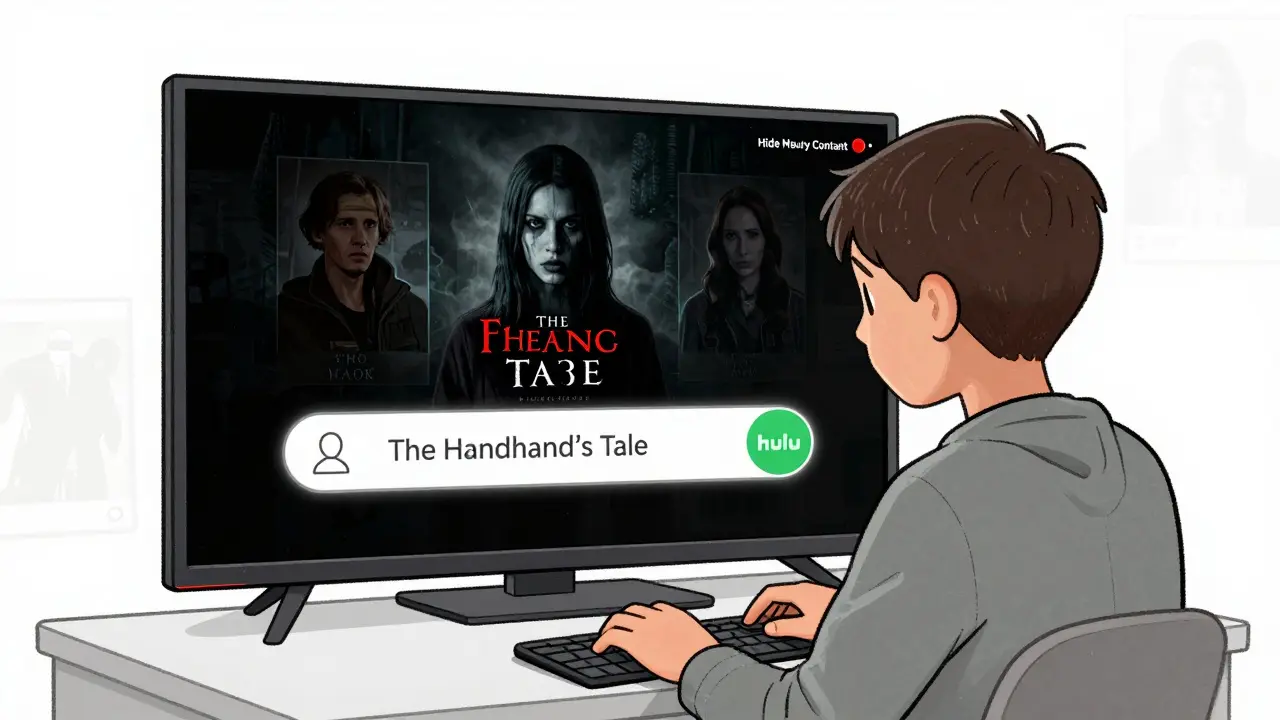 A child types a mature show title into Hulu’s search bar, with the content appearing despite a weak privacy toggle.