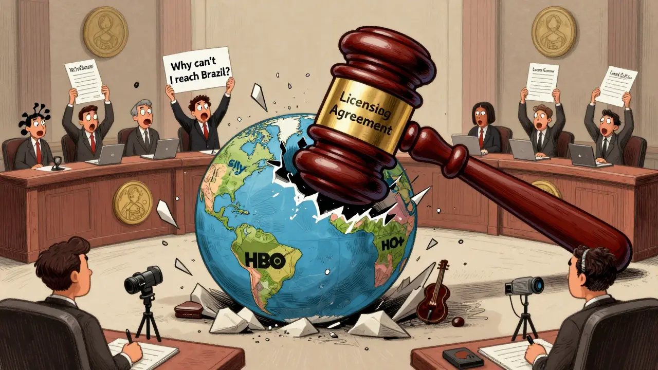 A courtroom scene with a gavel crushing a globe divided by streaming service licenses.