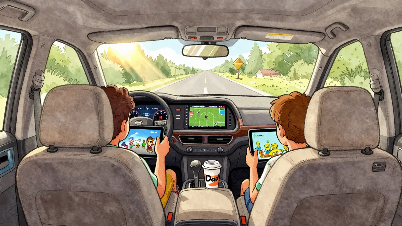 A family on a road trip watches Paramount+ on tablets, with sports and cartoons on screen.