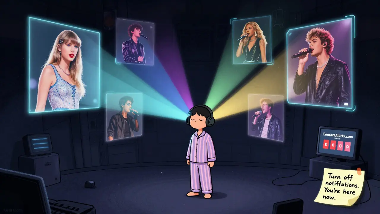 A fan immersed in a virtual concert experience, with holographic artists and colored light beams emanating from headphones.