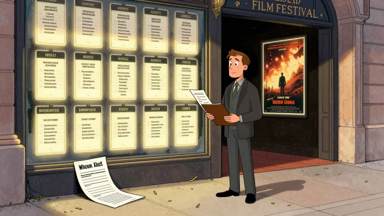 A freelance critic stands outside a festival gate, holding a letter of assignment, rejected application at their feet.