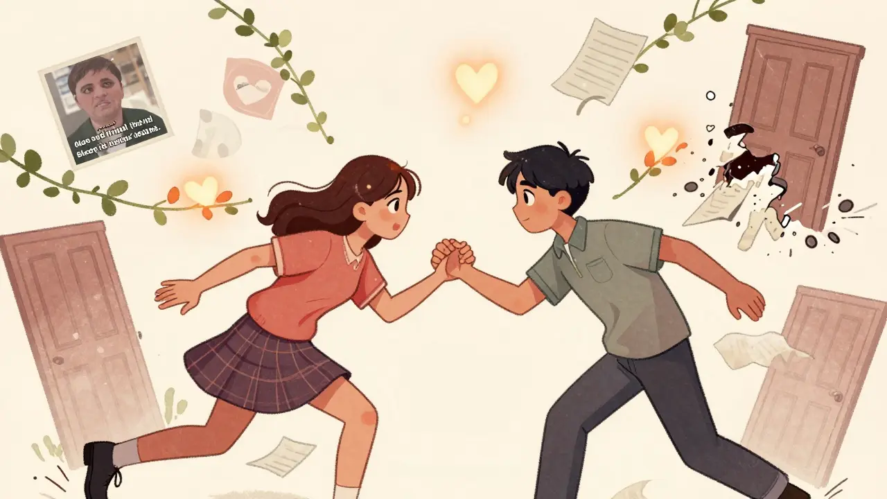 A moment of quiet connection as two characters reach for each other, past conflicts fading into blooming vines and glowing embers.