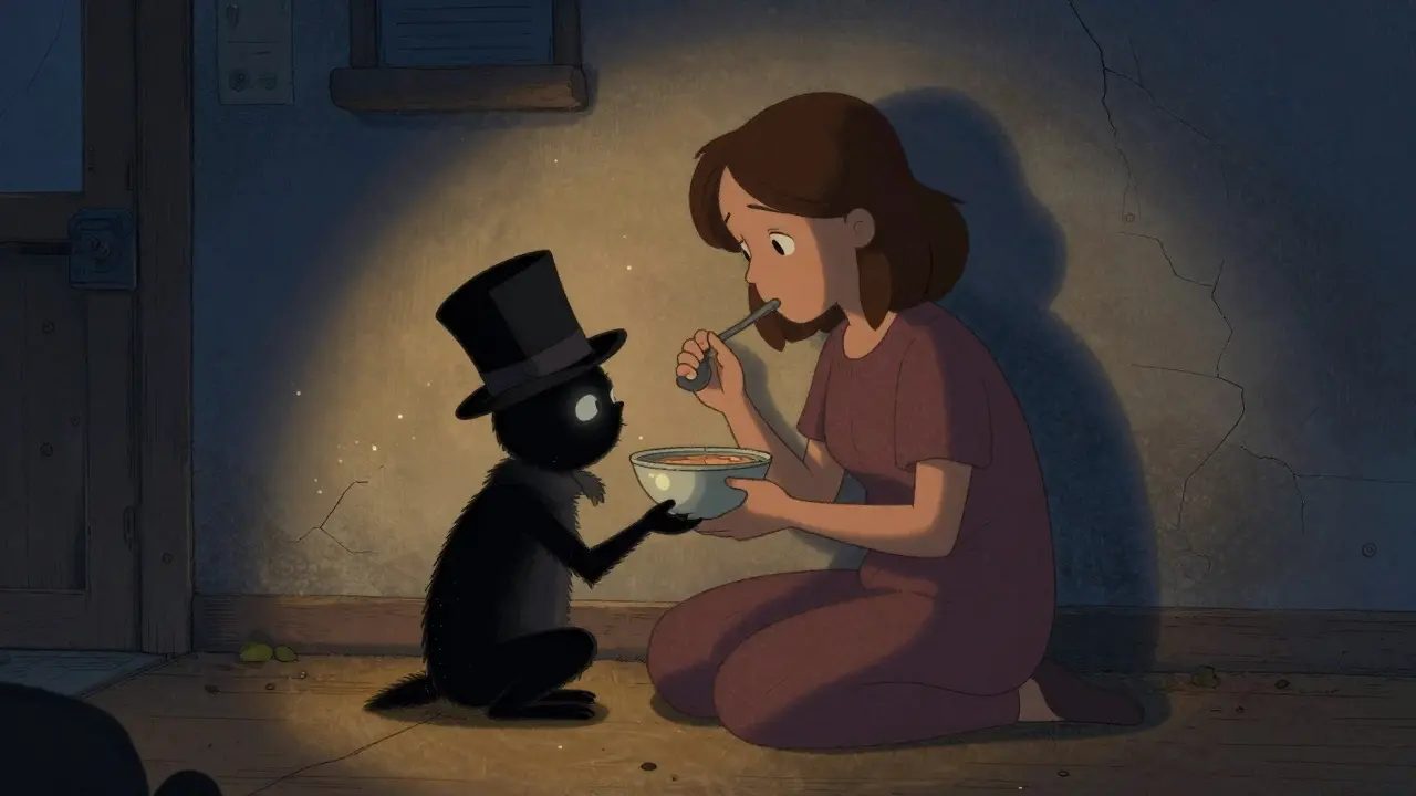 A mother sits in a basement, gently feeding a shadowy creature shaped like a top-hatted man.
