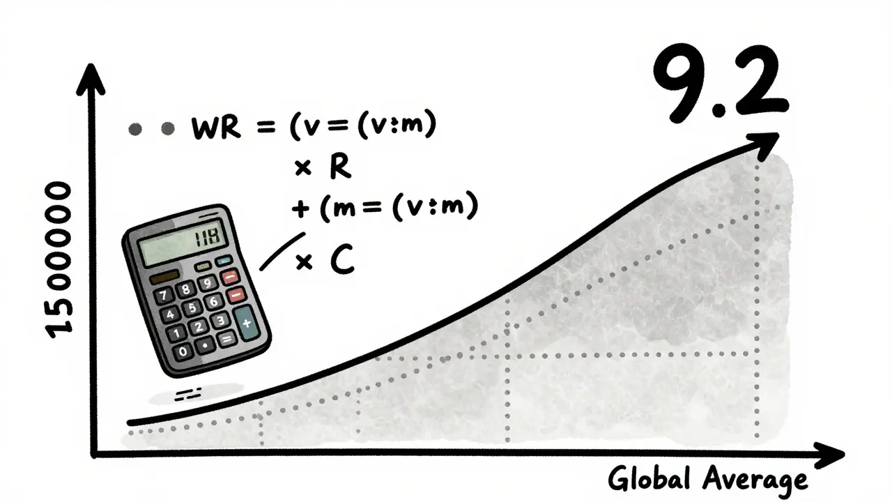 A rising movie rating curve tethered to a global average line, with a hand-drawn weighted rating formula nearby.