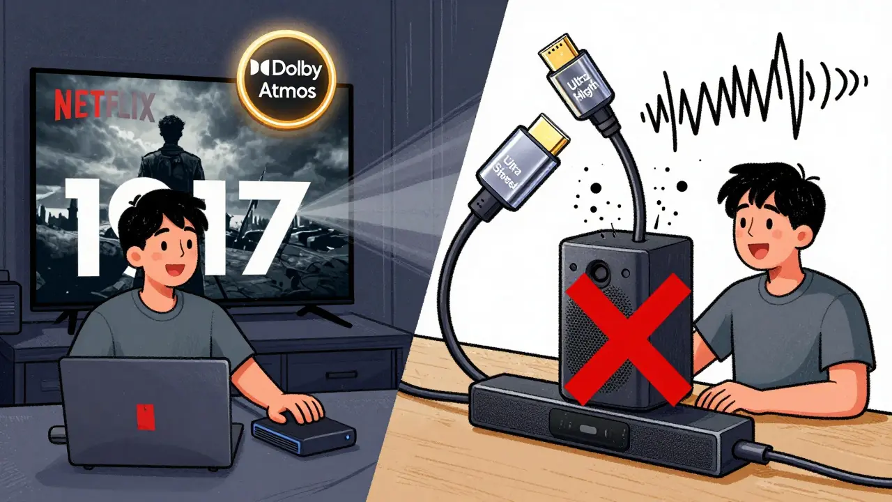 A side-by-side comparison: one side shows Dolby Atmos working with a new HDMI cable, the other shows failed audio through an old cable and Bluetooth speaker.