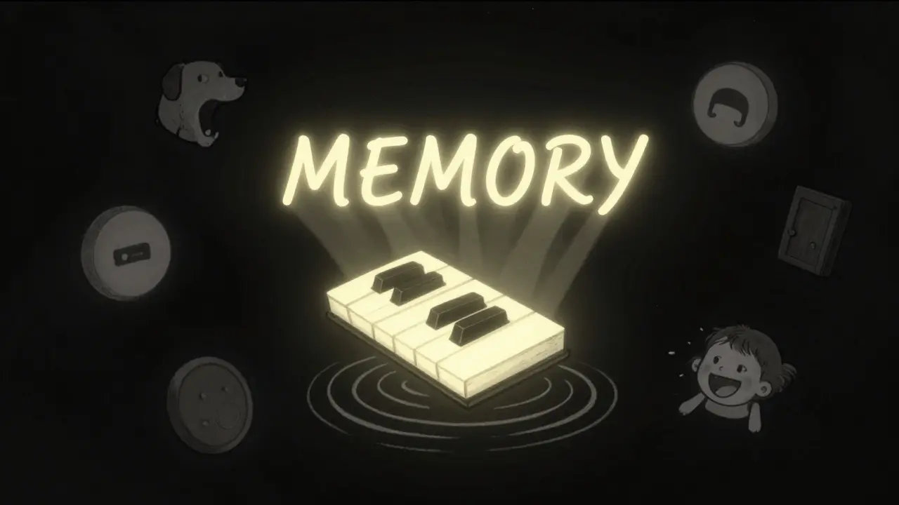 A single glowing piano key emitting a ripple of sound in darkness, with faint echoes of iconic trailer endings around it.