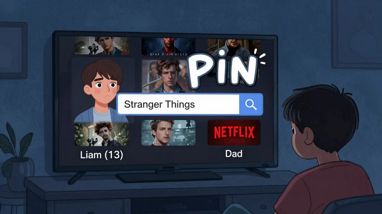 A teen switches Netflix profiles while searching for a mature show, with a fading PIN and adult covers peeking out.