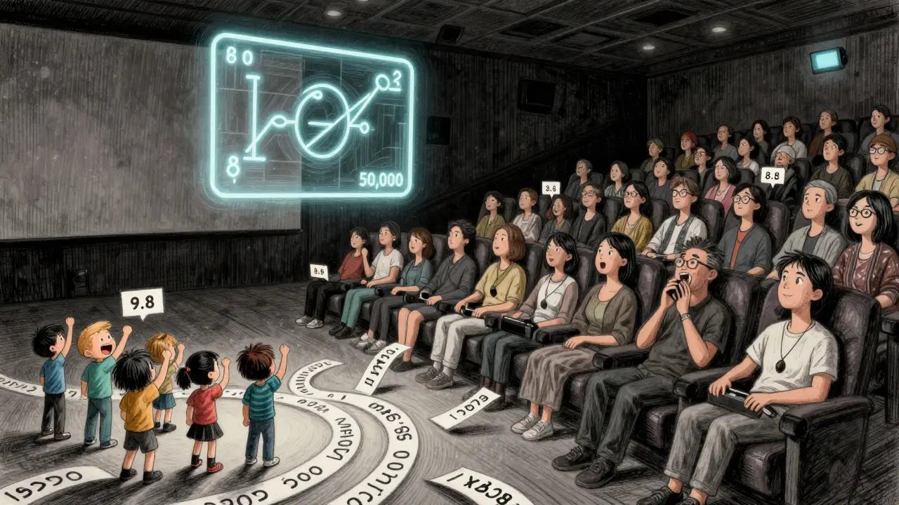 A theater with small and large crowds watching films, surrounded by floating voting slips forming a threshold symbol.