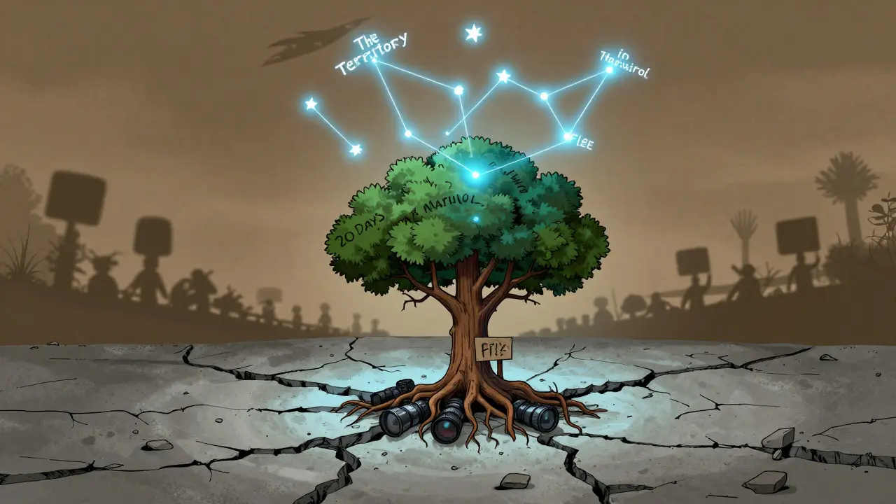 A tree growing through concrete with documentary titles as stars, loggers fading in shadows.