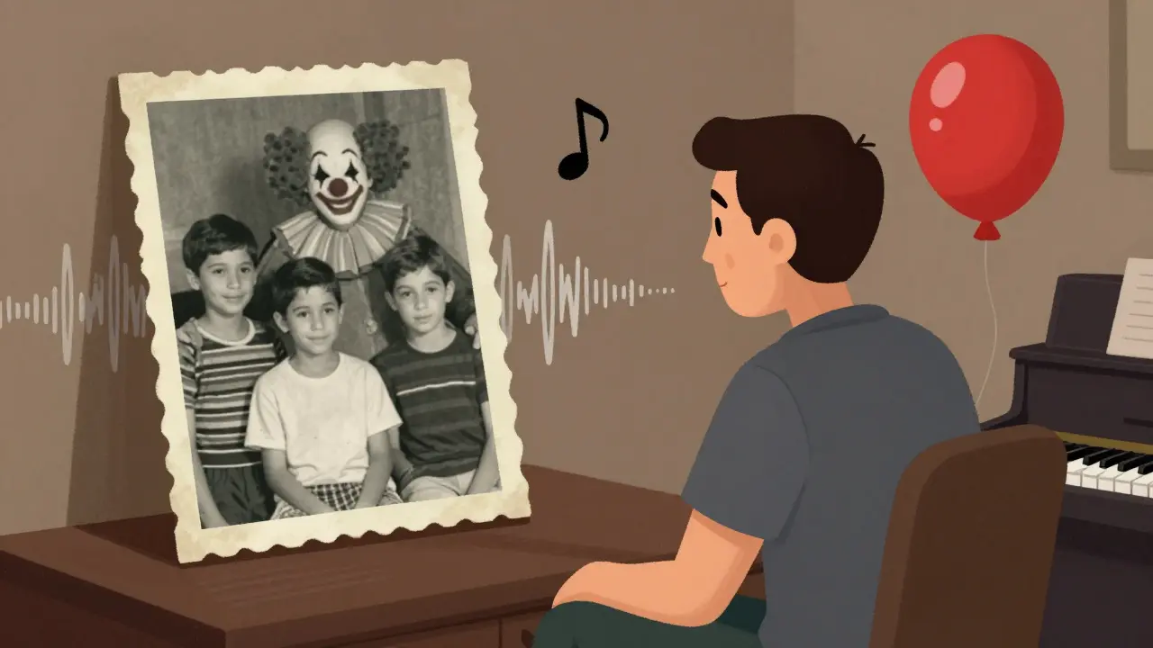 An adult man staring at an old photo as a clown's face silently appears in the background, with a red balloon floating nearby.
