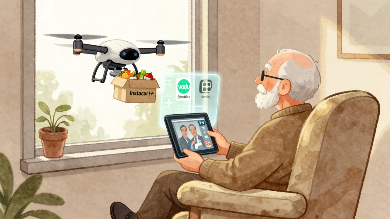 An elderly person watching TV on a tablet as a delivery drone drops off groceries, with streaming service logos glowing softly nearby.