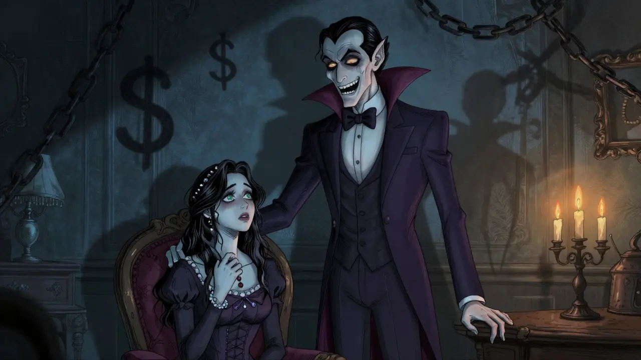 An elegant vampire looms over a young woman, shadows forming chains and dollar signs behind them.